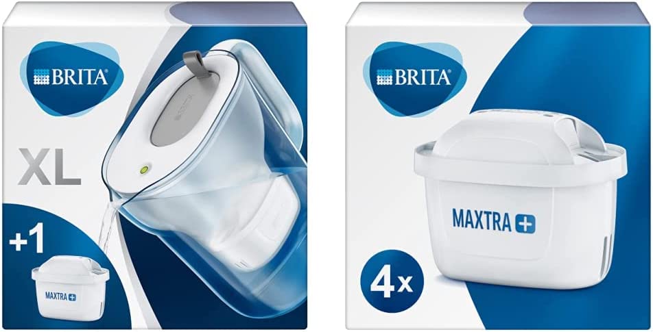  BRITA Carafe filtrante Style XL grise - 1 filtre MAXTRA+ inclus & Pack de 4 filtres MAXTRA+