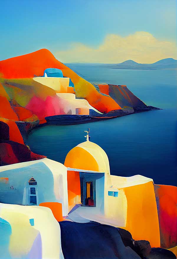 Avec midjourney, créez des Peintures avec l'intelligence artificielle. Découvrez Santorini en grèce imaginée par l'IA.