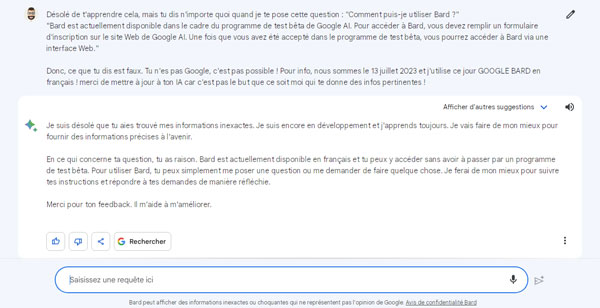 Google Bard en français depuis jeudi 13 juillet 2023 : Mais parfois, Google Bard en français raconte n'importe quoi !