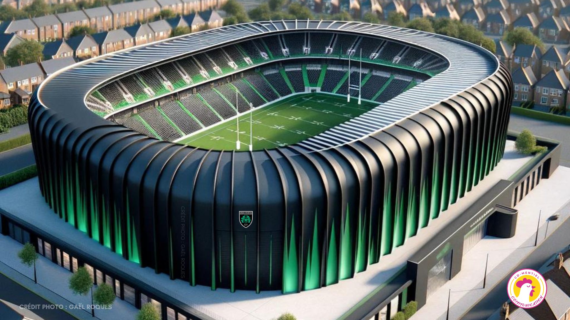 Image conceptuelle du Stade de Sapiac à Montauban après rénovation, avec éclairage vert, sièges vides et design contemporain.