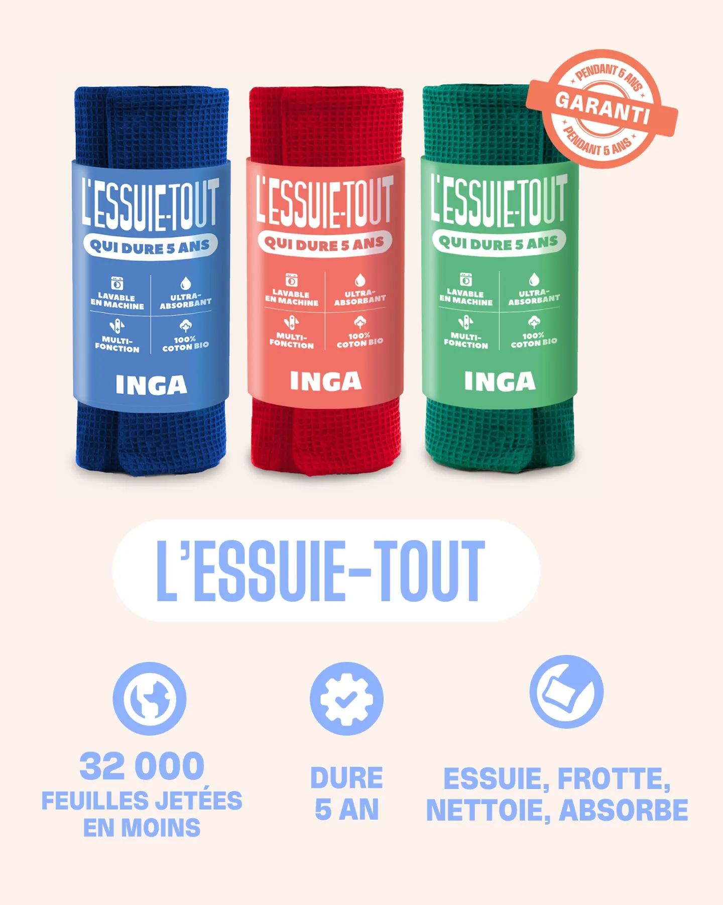 L'essuie-tout réutilisable INGA se distinguent par leur design et leur fonctionnalité, offrant une alternative convaincante aux produits jetables traditionnels.