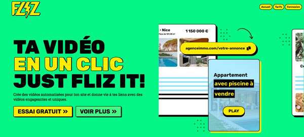 Interface de Fliz montrant la facilité de créer une vidéo en un clic avec un essai gratuit disponible