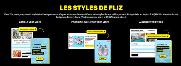 Exemples des styles de vidéos Fliz : transformation d'articles, produits e-commerce et annonces en vidéos engageantes.