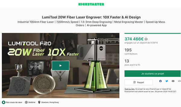 Le projet Lumitool 20W a connu un succès phénoménal sur Kickstarter, reflétant l'enthousiasme et l'intérêt du public pour cette technologie révolutionnaire.
