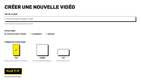 Interface de création Fliz pour une nouvelle vidéo avec options de style et de format."