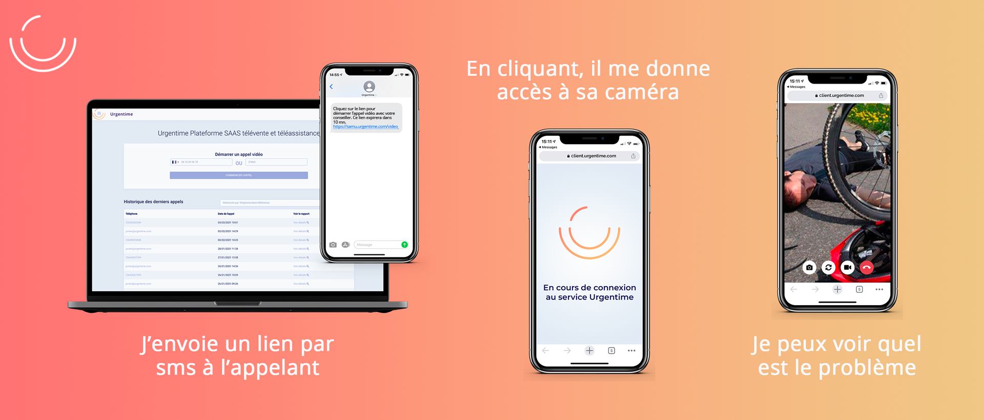 Urgentime, la visio sans application, comment ça marche ? J'envoie un lien par sms à l'appelant, puis en cliquant, il me donne accès à sa caméra, enfin, je peux voir quel est le problème !