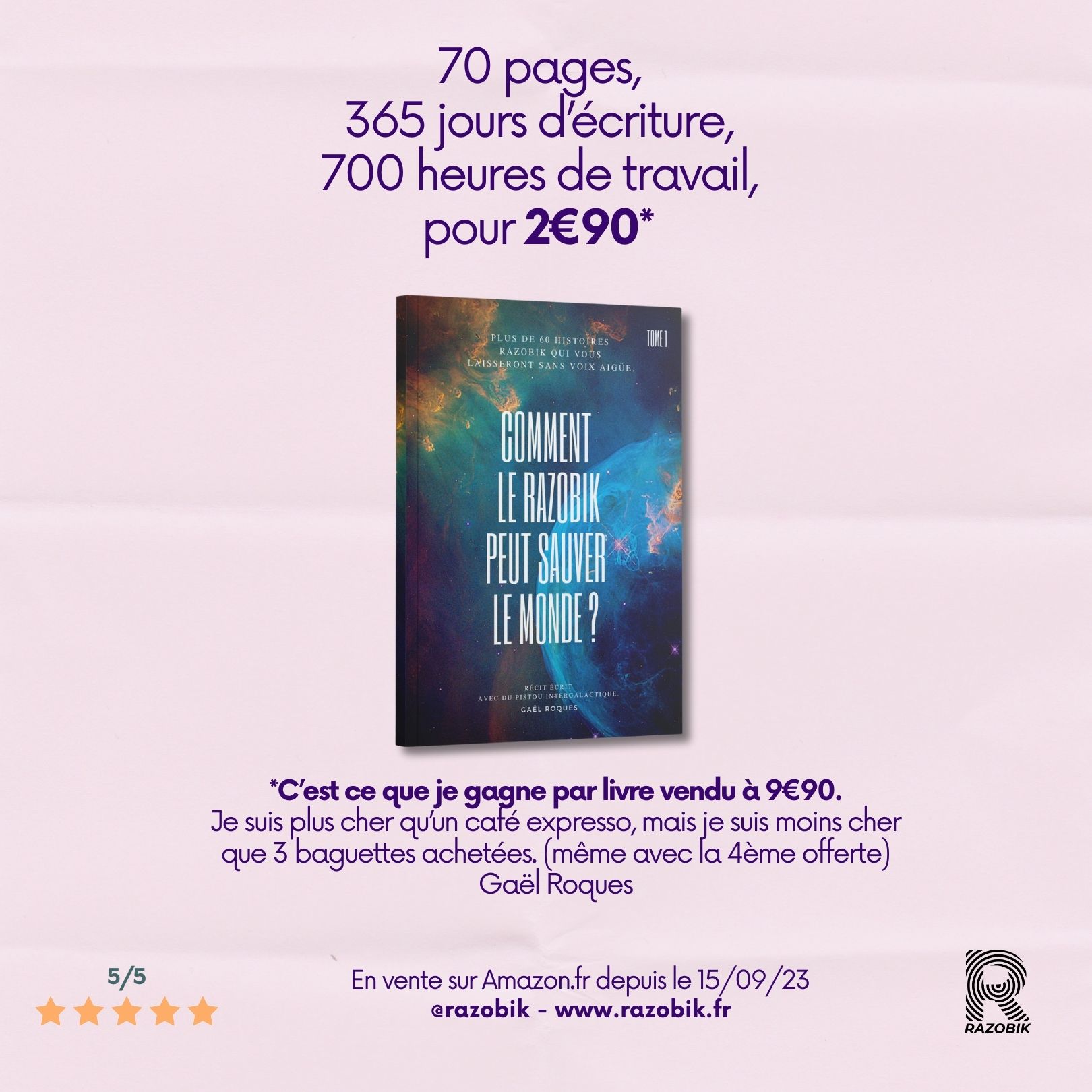 La réalité Razobik en quelques mots. Le livre Razobik, c'est 70 pages, 365 jours d'écriture, 700H heures de travail pour 2€90. C'est ce que gagne l'auteur sur un livre vendu à 9€90.