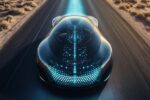 Tesla Model S 2135 futuriste avec carrosserie intelligente et design agressif, flottant au-dessus du sol