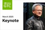 NVIDIA GTC 2025 Keynote avec Jensen Huang, PDG, devant une baie de serveurs, accompagné du logo NVIDIA GTC et du texte "Mars 2025 Keynote" sur fond blanc.