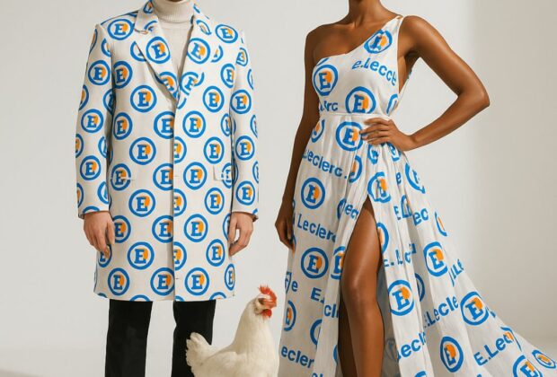 Tenue haute couture inspirée du logo E.Leclerc portée par un couple, accompagnée d’une poule blanche.