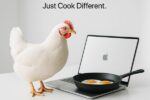 Poule blanche debout devant un ordinateur MacBook sur lequel repose une poêle avec deux œufs au plat, sous le slogan “Just Cook Different”