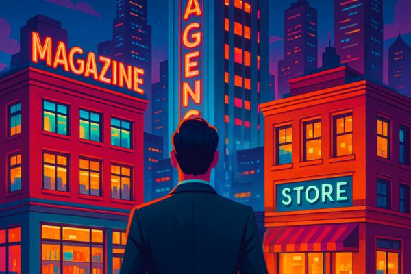 Un entrepreneur regarde une ville futuriste composée de bâtiments symbolisant ses projets : un magazine, une agence de communication et une boutique.