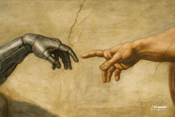 Main d’un humain touchant la main d’un robot, représentant la collaboration entre intelligence humaine et intelligence artificielle