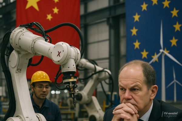 Responsable européen observant une ligne de robots industriels dans une usine moderne en Chine, avec les drapeaux chinois et européen en arrière-plan.