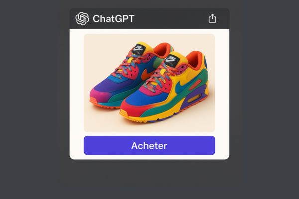 Mock-up d’une page web ChatGPT avec achat de produit en ligne intégré via l’IA