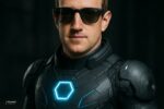 Portrait futuriste d’un homme en armure technologique noire avec lumière bleue, évoquant Mark Zuckerberg en super-héros de l’intelligence artificielle.