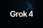 Visuel du logo Grok 4 sur fond technologique sombre, avec éléments graphiques inspirés de l’univers X.com, représentant l’IA développée par xAI et Elon Musk.