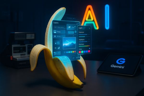 Illustration créative de Nano Banana de Google : une banane futuriste ouverte laissant apparaître une interface d’édition d’image alimentée par l’IA, avec des hologrammes et le logo Gemini.