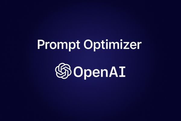 Illustration minimaliste du Prompt Optimizer d’OpenAI sur fond bleu, avec le logo officiel.