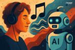 Illustration d’un homme écoutant de la musique face à un robot IA, avec des notes flottantes et des ondes sonores, évoquant la collaboration entre l’humain et l’intelligence artificielle dans la création musicale.