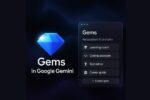 Illustration de l’interface Gemini avec un gemme bleu lumineux et un menu listant différents assistants IA : coach d’apprentissage, assistant de codage, éditeur de texte, guide de carrière.