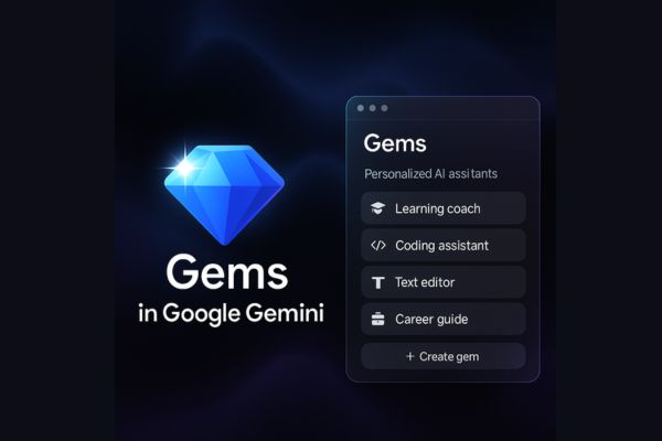 Illustration de l’interface Gemini avec un gemme bleu lumineux et un menu listant différents assistants IA : coach d’apprentissage, assistant de codage, éditeur de texte, guide de carrière.