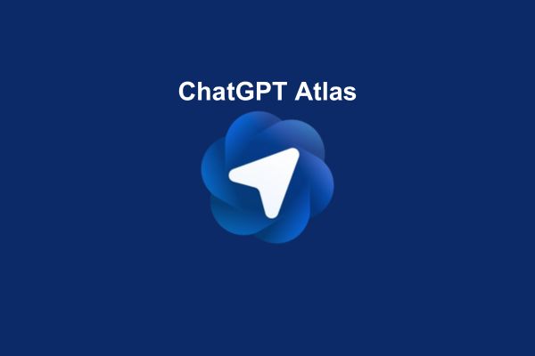 Logo officiel de ChatGPT Atlas sur fond bleu, représentant l’innovation d’OpenAI dans la navigation et la recherche IA.