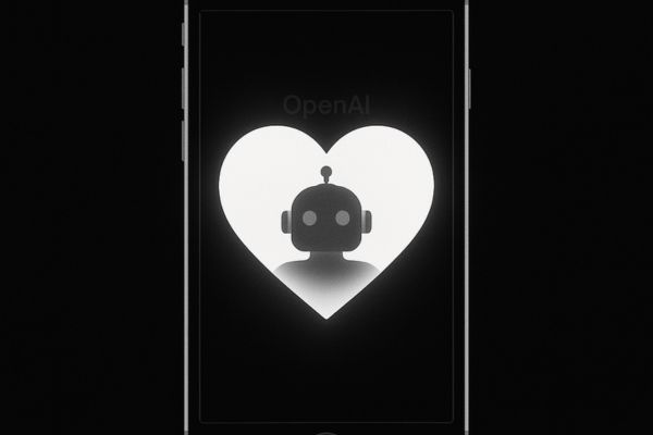 Visuel minimaliste montrant un smartphone noir avec un cœur lumineux révélant la silhouette d’un robot, symbolisant le lien émotionnel entre humains et intelligence artificielle.
