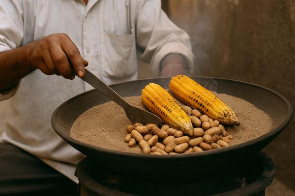 Un vendeur indien prépare du maïs et des cacahuètes grillés dans du sable chaud, illustrant une méthode de cuisson traditionnelle sans huile, utilisée depuis des siècles en Inde pour une cuisson naturelle et écologique.