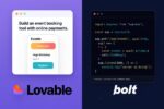 Comparatif visuel entre Lovable.dev et Bolt.new : à gauche, l’interface intuitive de Lovable.dev pour créer des applications sans coder ; à droite, l’environnement technique complet de Bolt.new pour les développeurs full-stack.