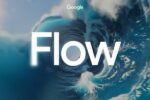 Logo de Google Flow, l'outil d'intelligence artificielle pour la réalisation de films, sur fond de vague bleue cinématographique.