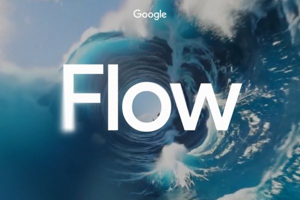 Logo de Google Flow, l'outil d'intelligence artificielle pour la réalisation de films, sur fond de vague bleue cinématographique.