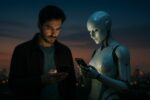 Homme et femme humanoïde regardant leur smartphone dans une scène de science-fiction, symbolisant la cohabitation entre humains et intelligence artificielle dans le monde numérique.