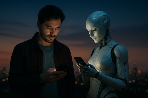 Homme et femme humanoïde regardant leur smartphone dans une scène de science-fiction, symbolisant la cohabitation entre humains et intelligence artificielle dans le monde numérique.