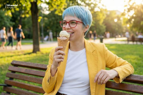 Le personnage récurrent (femme aux cheveux bleus courts, lunettes rouges et blazer jaune) généré par Nano Banana Pro, assise de manière décontractée sur un banc de parc ensoleillé en train de manger une glace. Test final de maintien de l'identité visuelle dans un environnement extérieur différent.