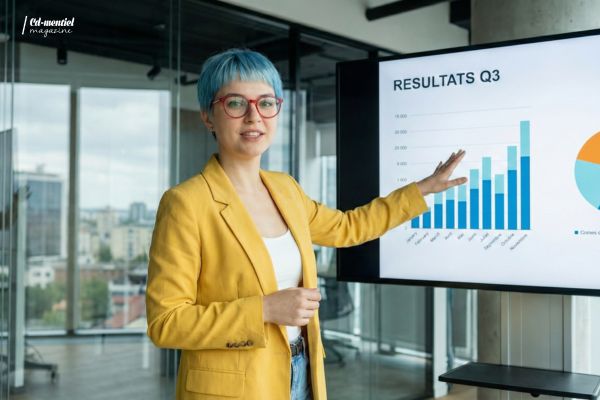 Le personnage récurrent (femme aux cheveux bleus et blazer jaune) généré par Nano Banana Pro, en train de faire un geste de présentation actif devant un écran affichant des graphiques "RÉSULTATS Q3". Test de constance du personnage dans l'action.