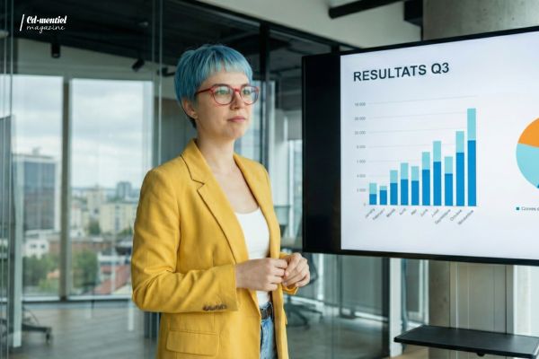 Le même personnage récurrent généré par IA (femme, cheveux bleus, blazer jaune) debout à côté de l'écran de présentation "RÉSULTATS Q3", dans une pose d'écoute pensive et statique. Test de variation subtile d'expression avec Nano Banana Pro.