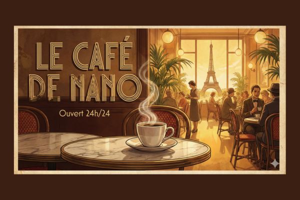 Affiche publicitaire de style vintage années 20 pour le café fictif parisien "LE CAFE DE NANO". L'illustration montre une tasse fumante au premier plan, une ambiance chaleureuse et la Tour Eiffel par la fenêtre, avec le texte "Ouvert 24h/24". Image réalisée comme test de rendu avec l'IA Nano Banana Pro.