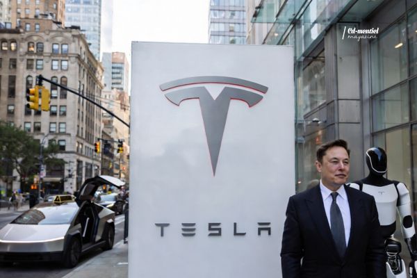 Illustration d’une conférence technologique Tesla présentant des annonces majeures liées à l’intelligence artificielle et la robotique.