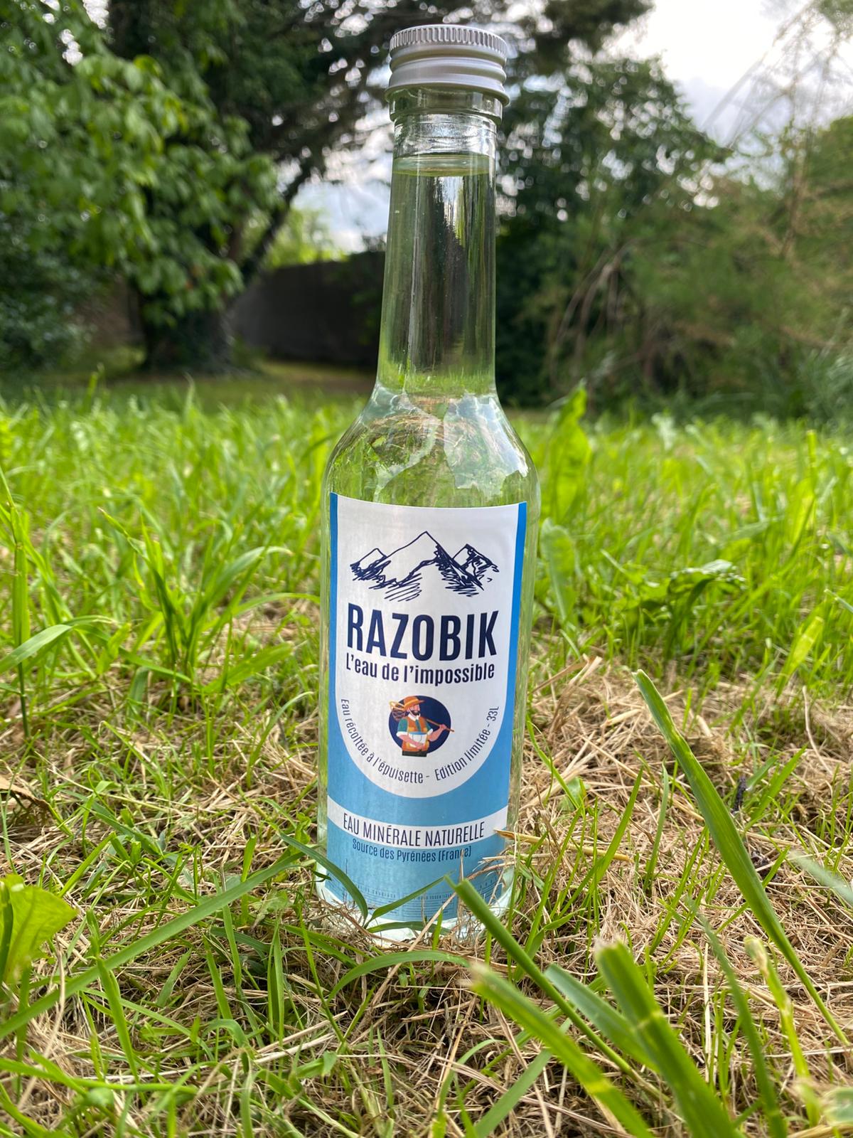 Photographie simple d'une bouteille en verre "Razobik L'eau de l'impossible" posée verticalement sur de l'herbe verte. Cette image sert de visuel source (input) pour un test de détourage et d'intégration avec l'outil Nano Banana Pro.