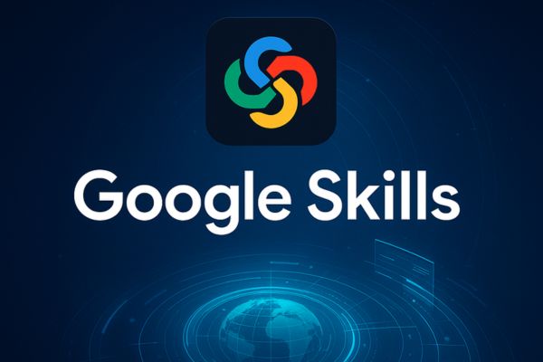 Illustration du programme Google Skills avec le logo Google et un globe holographique symbolisant les compétences numériques et l’apprentissage en ligne.