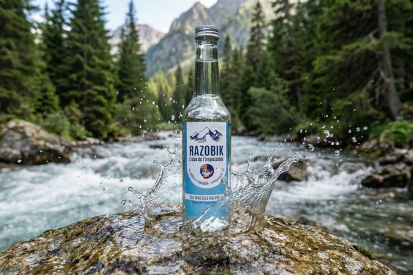 Image de qualité publicitaire 4K générée par l'IA Nano Banana Pro. La bouteille "Razobik" (issue de la photo source) est parfaitement intégrée sur un rocher mouillé au milieu d'une rivière de montagne rapide, avec des éclaboussures d'eau dynamiques et réalistes autour de sa base.