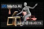 Illustration montrant les capacités de Meta SAM 3D pour les objets (tourne-disque, chaise) et le corps humain (silhouette en wireframe) avec le logo Meta AI.