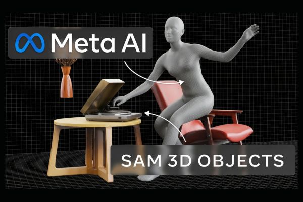 Illustration montrant les capacités de Meta SAM 3D pour les objets (tourne-disque, chaise) et le corps humain (silhouette en wireframe) avec le logo Meta AI.