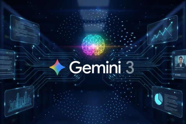 Google Gemini 3 illustre le "Deep Think" et "Antigravity", montrant une IA intelligente et multimodale au cœur d'un environnement de serveurs.