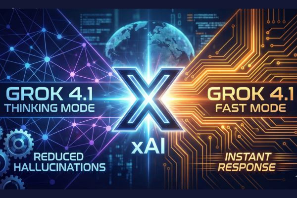 Illustration futuriste du logo xAI au centre, divisant l'image en deux : à gauche le mode Thinking de Grok 4.1 en bleu (raisonnement logique), à droite le mode Fast en orange (rapidité). Texte visible : Reduced Hallucinations.