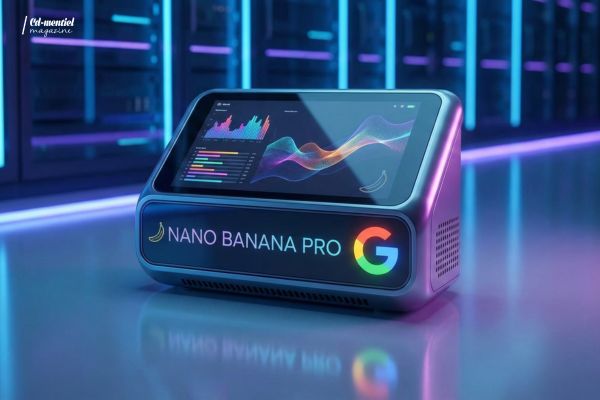 Rendu 3D futuriste du modèle IA Nano Banana Pro avec le logo Google G multicolore dans un environnement serveur data center.