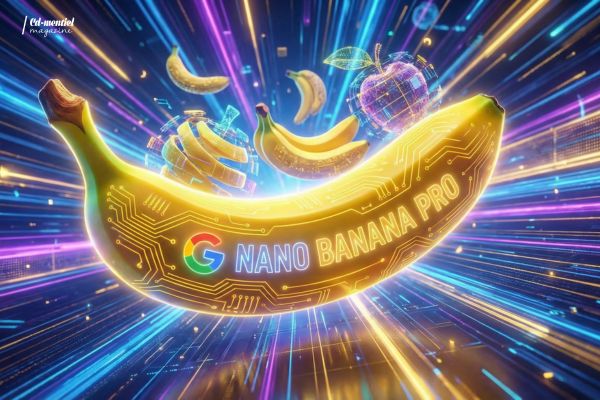 Mise en scène artistique cyberpunk avec des bananes jaunes néon et le texte Nano Banana Pro, généré par intelligence artificielle.