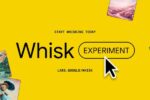 Interface Whisk Google Labs, montrant le bouton "EXPERIMENT" et l'URL labs.google/whisk. Illustration du remix visuel IA.