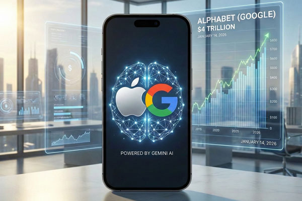 Illustration conceptuelle futuriste montrant la fusion entre le logo Apple et le logo Google Gemini, symbolisant le partenariat historique d'intelligence artificielle annoncé en janvier 2026.